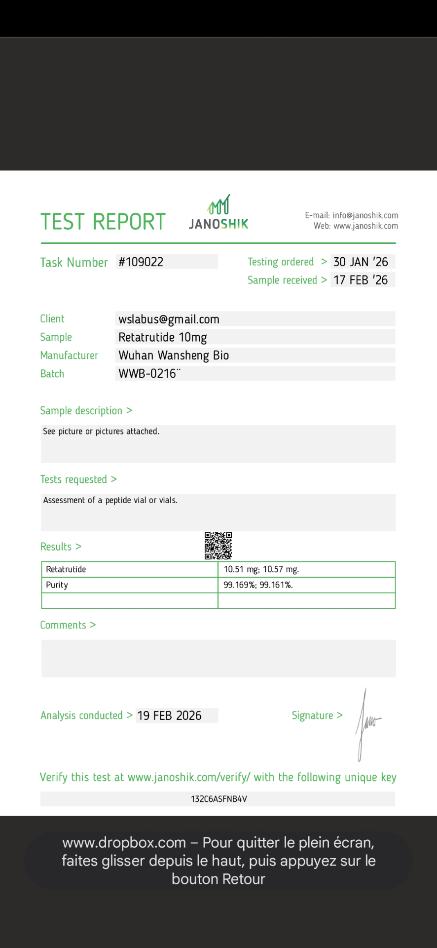 Rapport Janoshik — Retatrutide 10 mg