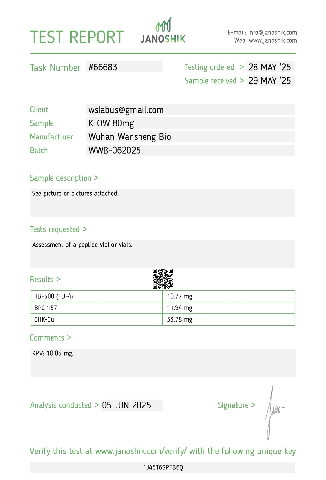 Rapport Janoshik — KLOW 80 mg
