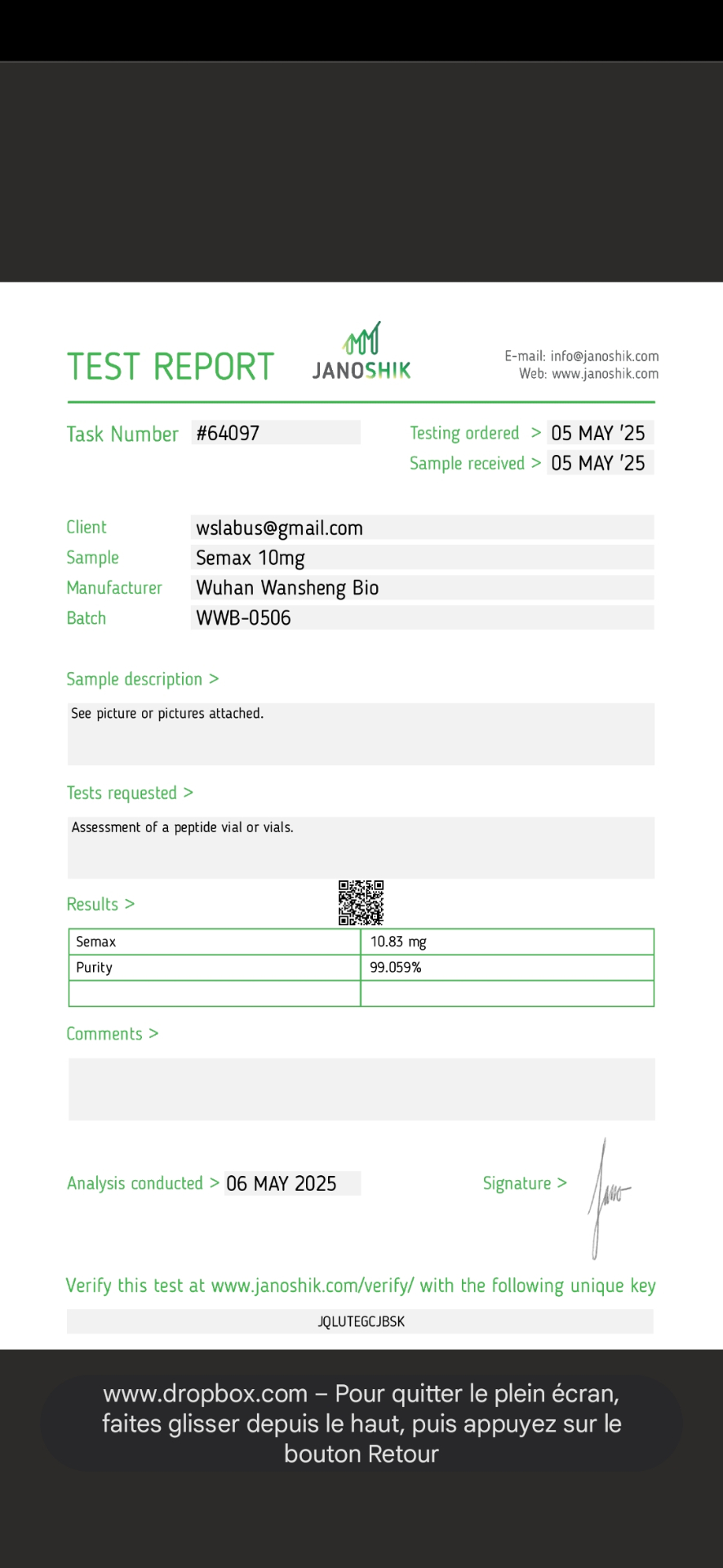 Rapport Janoshik — Semax 10 mg