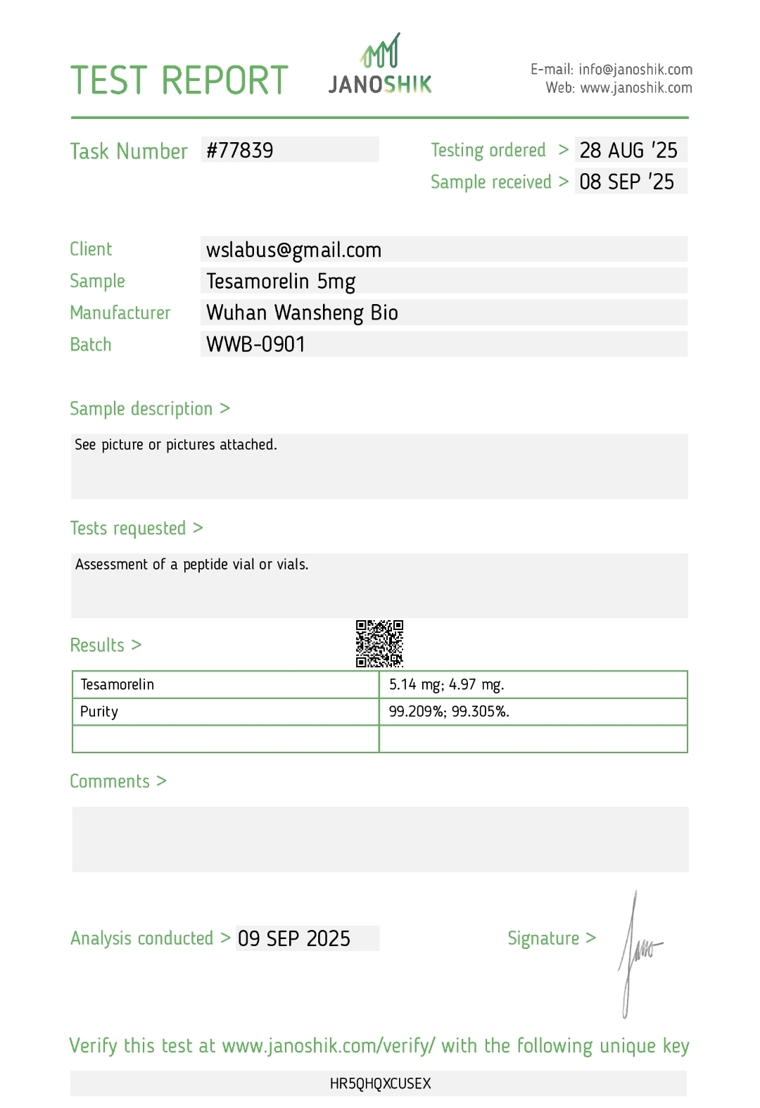 Rapport Janoshik — Tésamoréline 5 mg