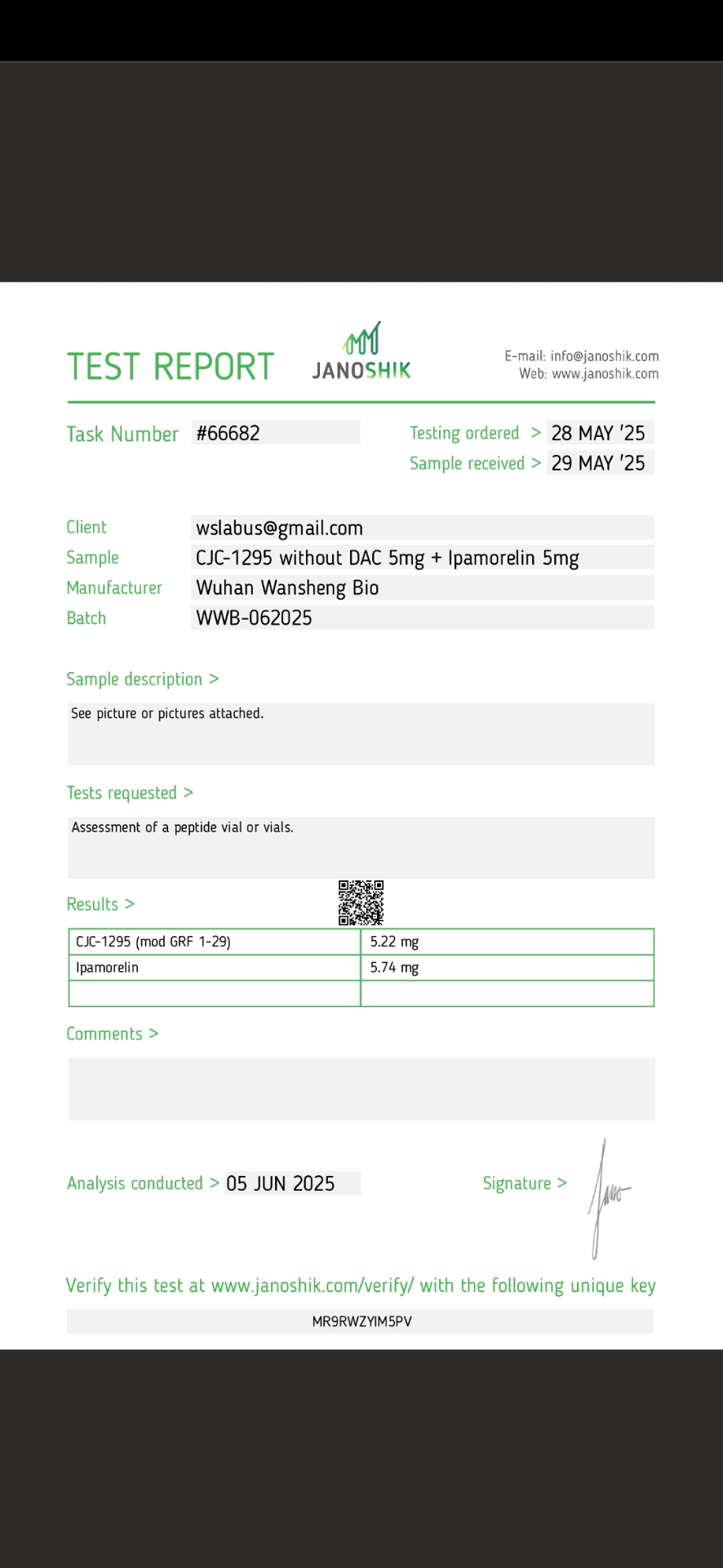 Rapport Janoshik — CJC-1295 + Ipamorelin 5 mg + 5 mg