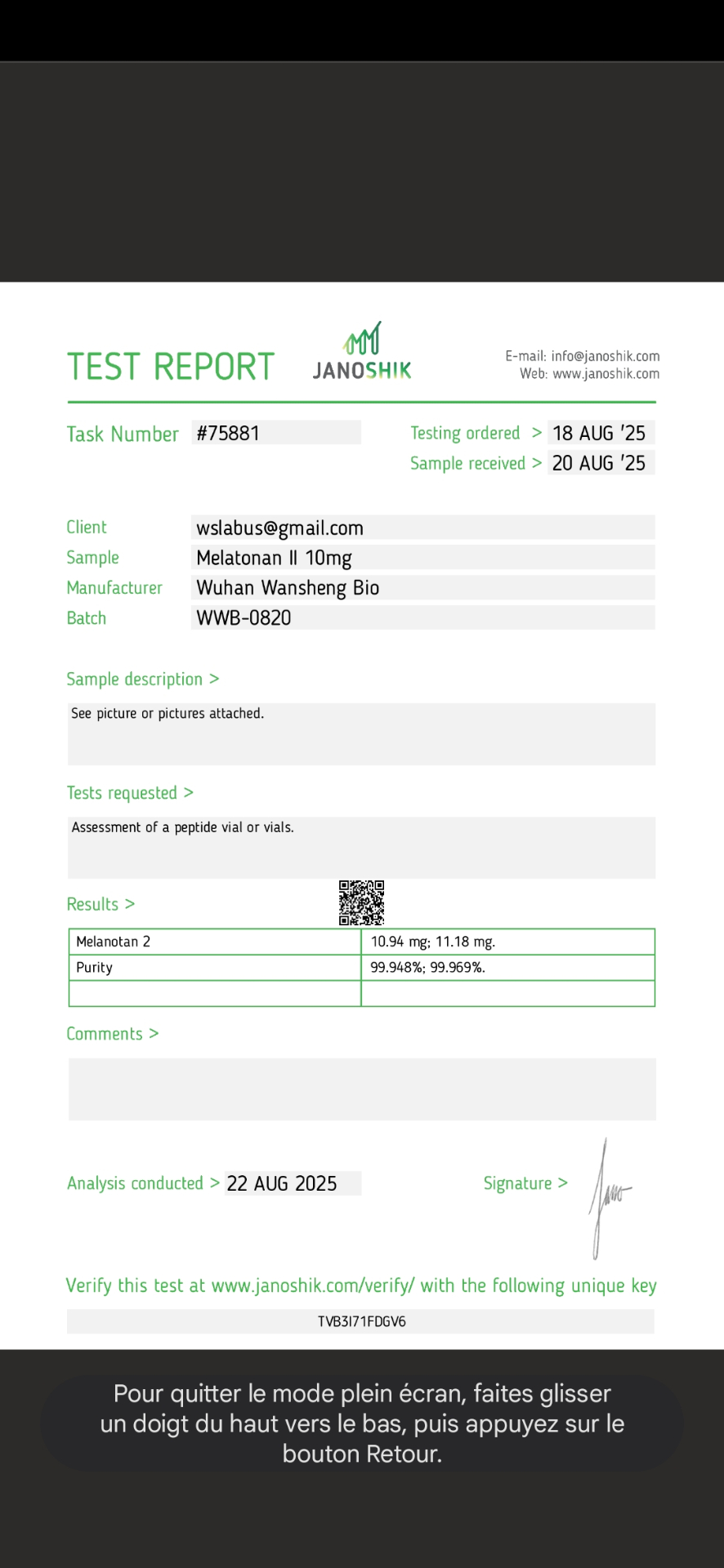 Rapport Janoshik — Melanotan II 10 mg