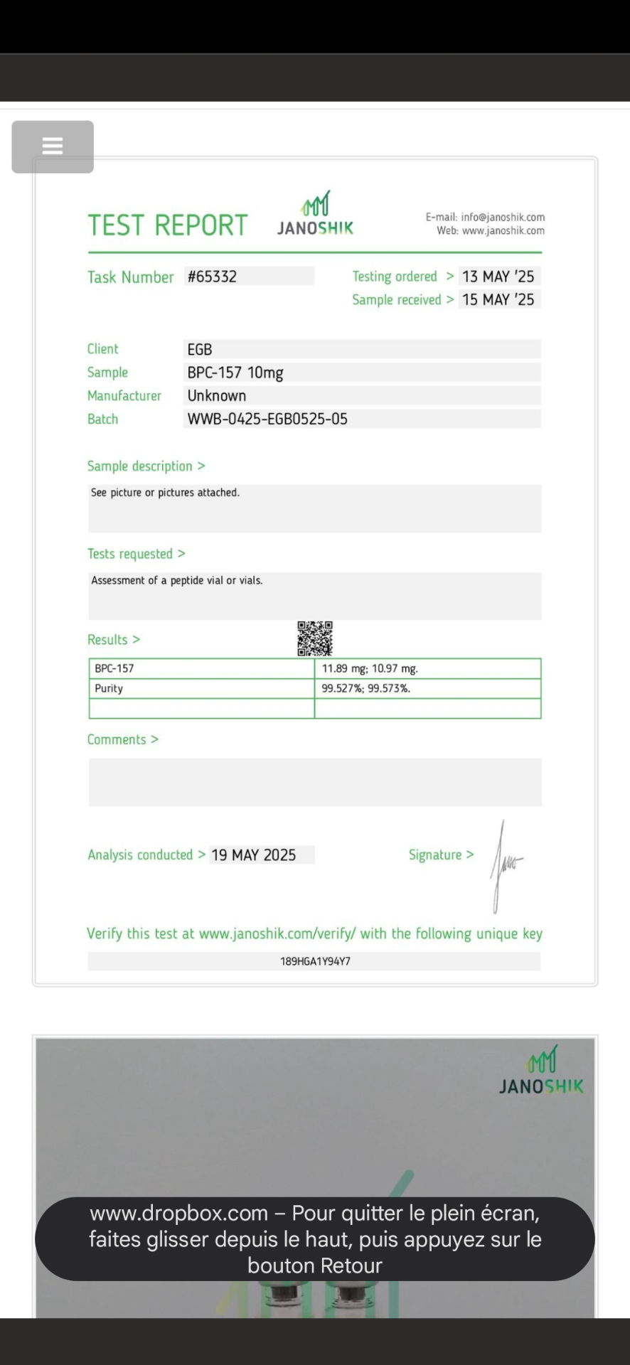 Rapport Janoshik — BPC-157 10 mg