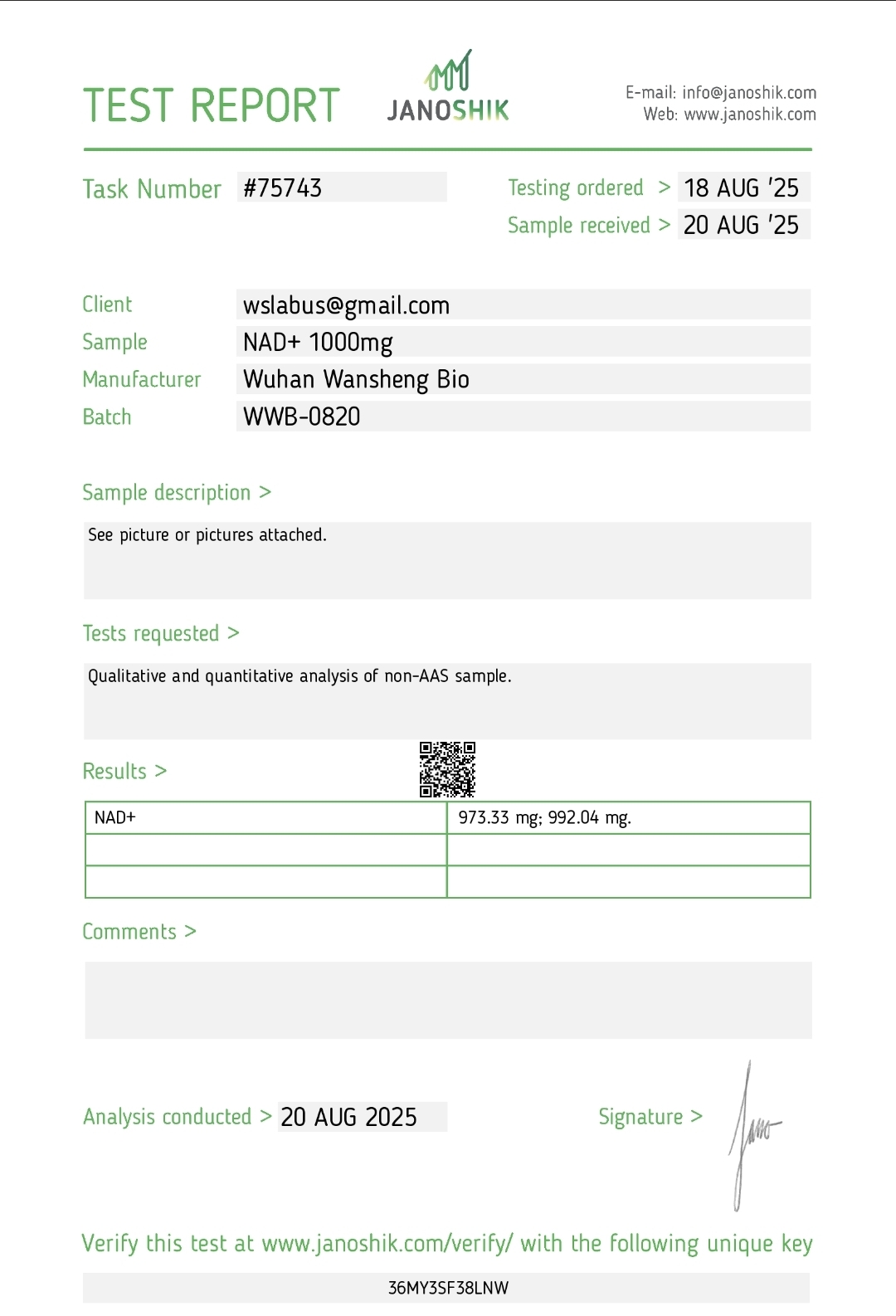 Rapport Janoshik — NAD+ 1000 mg