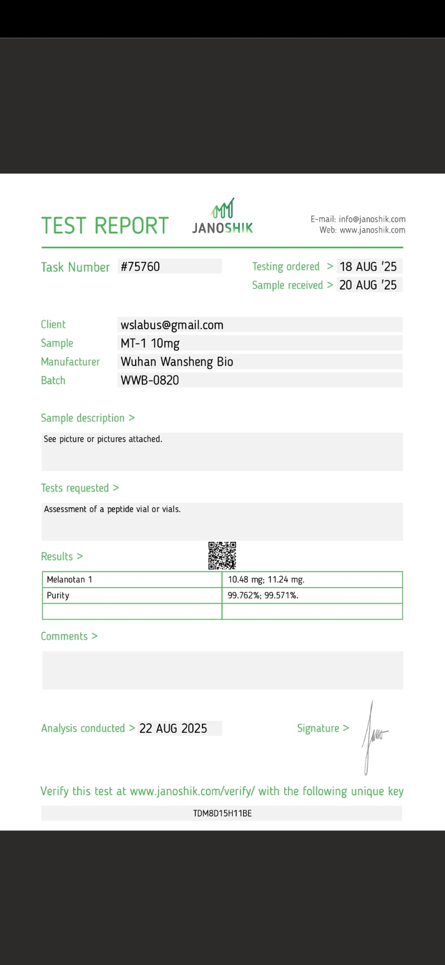 Rapport Janoshik — Melanotan I 10 mg