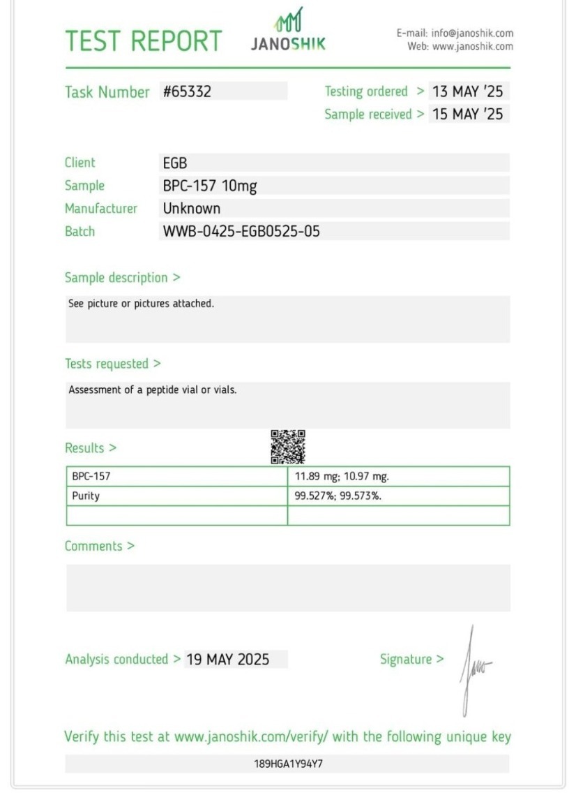 Certificat d'analyse BPC-157 — Janoshik Analytical