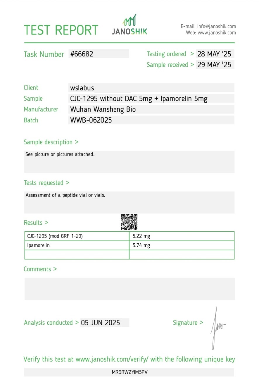 Certificat d'analyse CJC-1295 + Ipamorelin — Janoshik Analytical