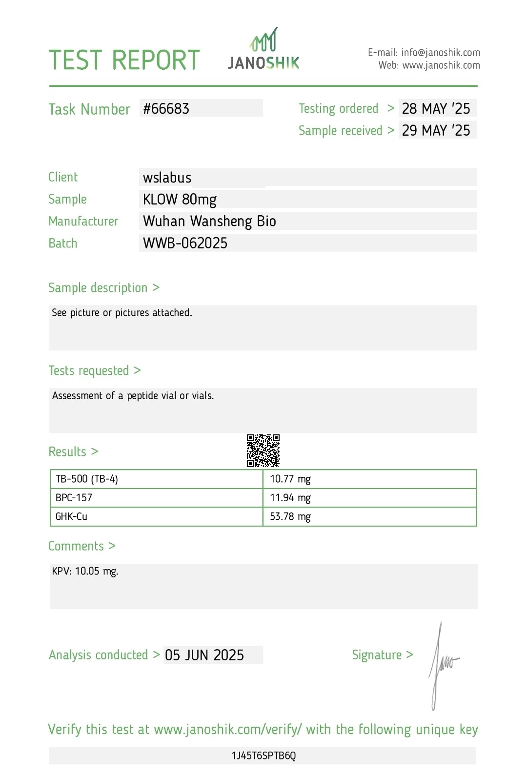 Certificat d'analyse KLOW — Janoshik Analytical