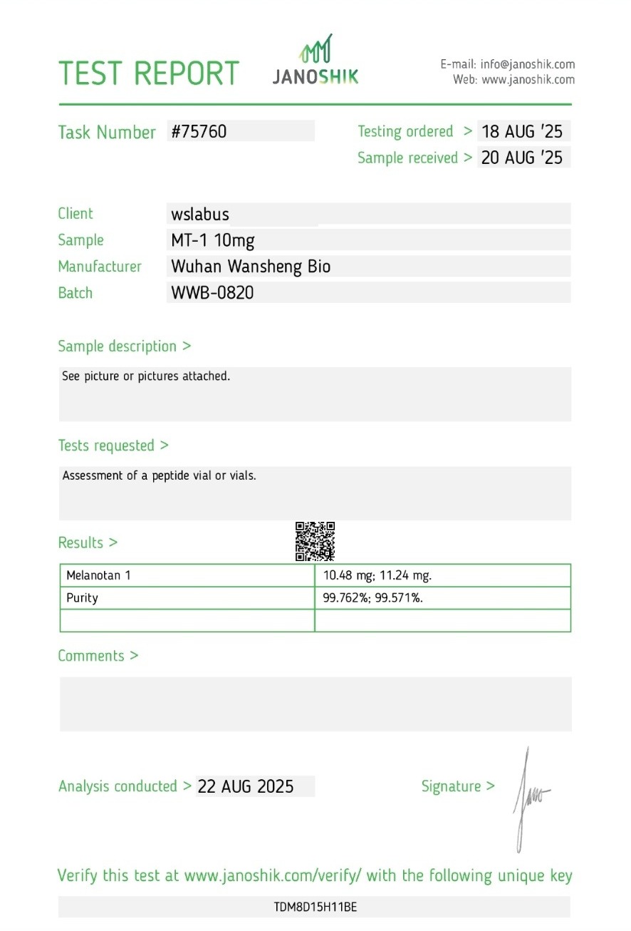 Certificat d'analyse Melanotan I — Janoshik Analytical