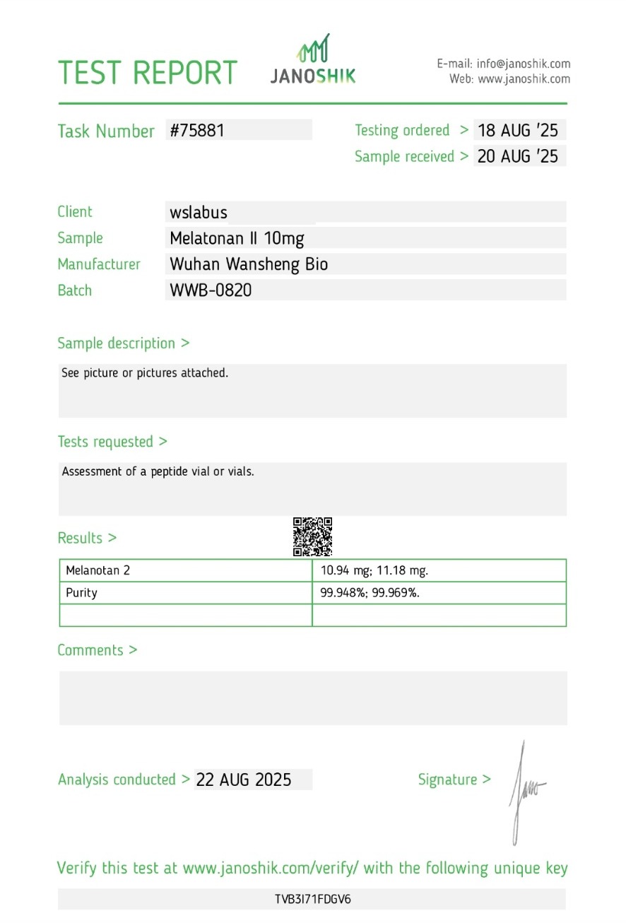 Certificat d'analyse Melanotan II — Janoshik Analytical