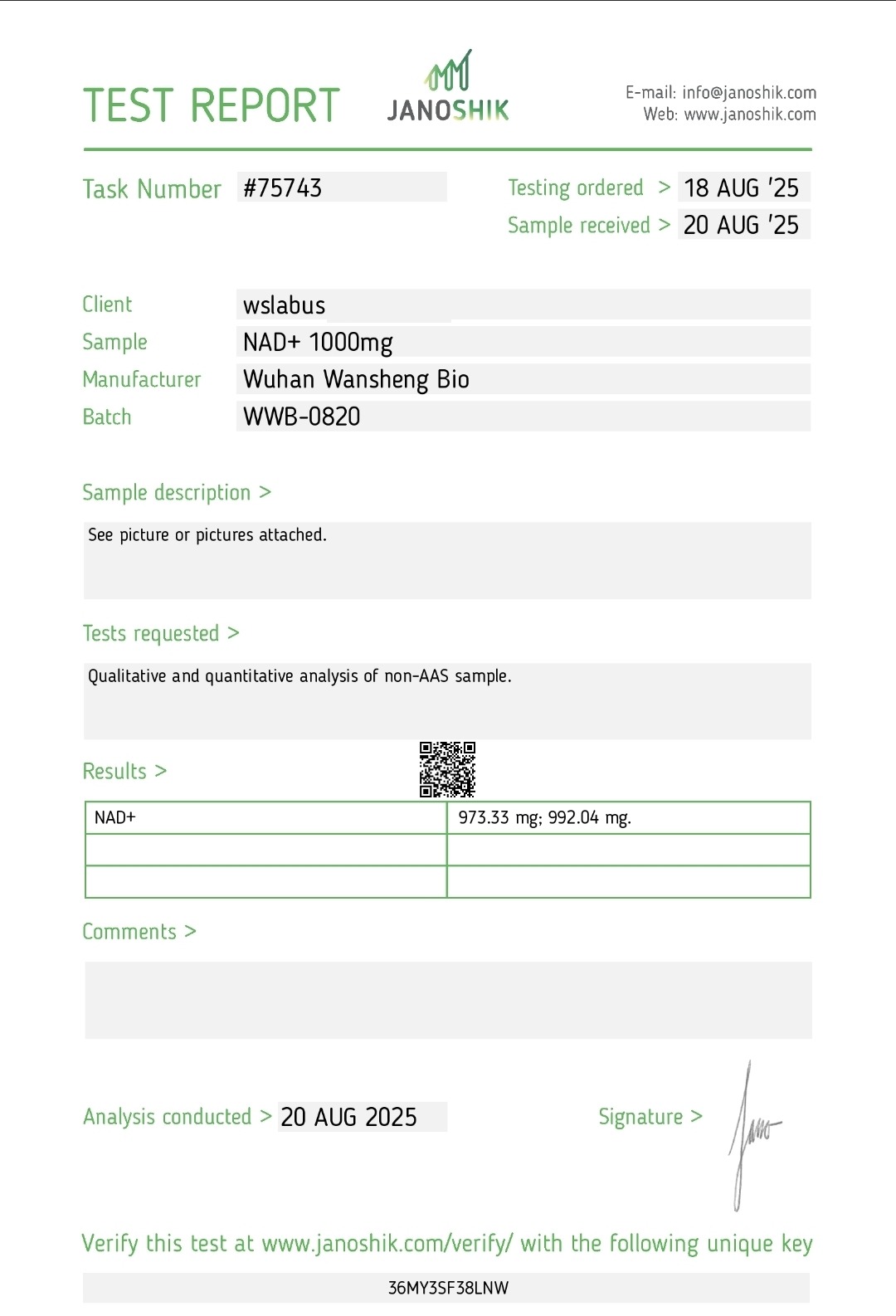 Certificat d'analyse NAD+ — Janoshik Analytical