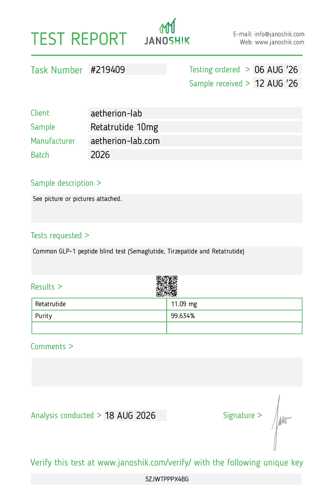 Certificat d'analyse Triple R 10 mg — Janoshik Analytical