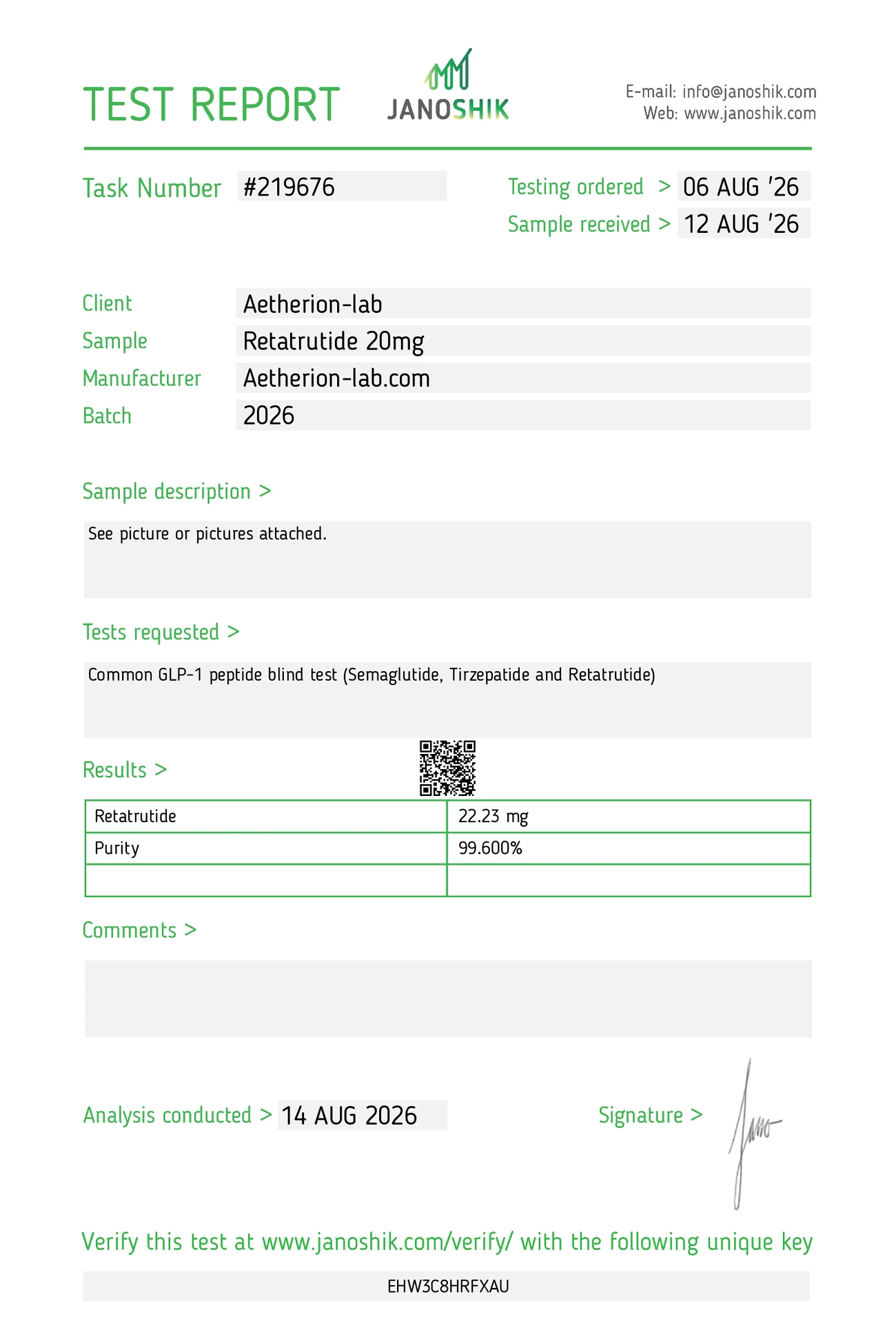 Certificat d'analyse Triple R 20 mg — Janoshik Analytical