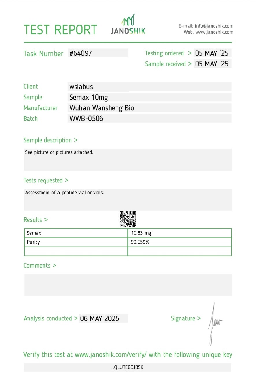 Certificat d'analyse Semax — Janoshik Analytical