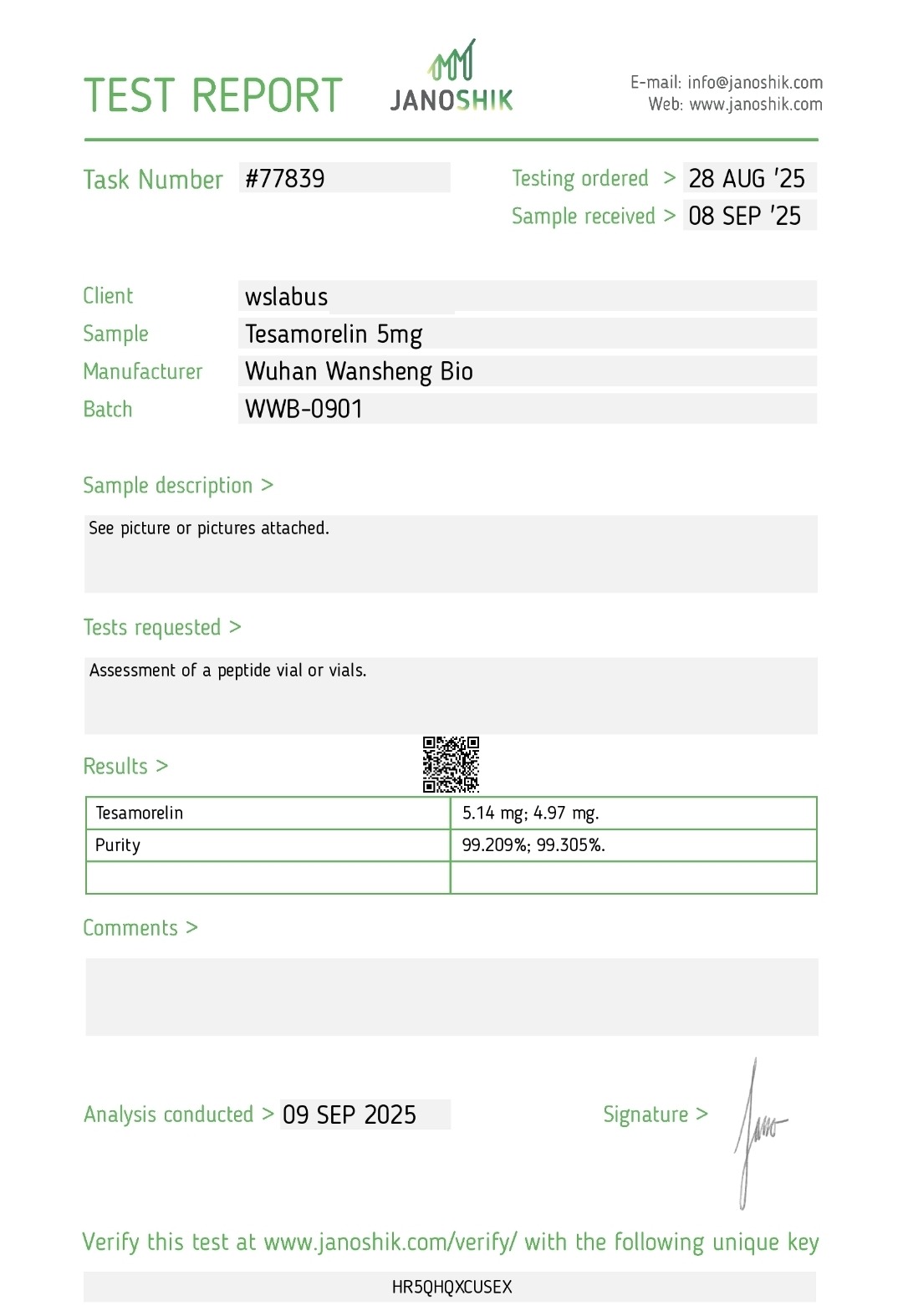 Certificat d'analyse Tésamoréline — Janoshik Analytical