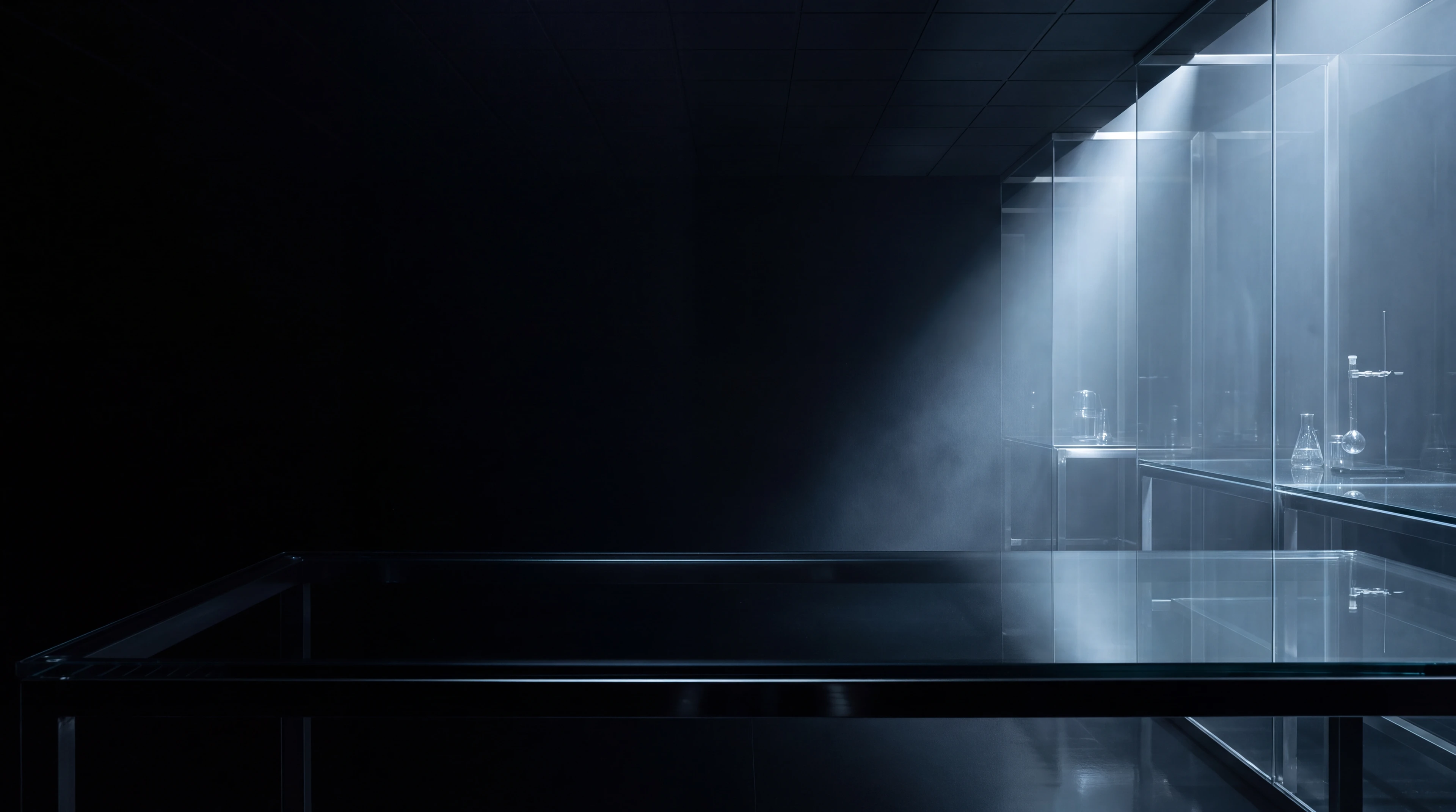 Architecture d’un laboratoire sombre éclairé de bleu glacé — illustration